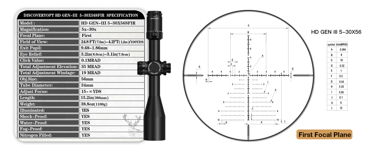 DISCOVERYOPT HD GEN III 5-30X56SFIR FFP-Z-MRAD Diameter:34MM Optics Scopes (FULLY TOOLLESS ZERO STOP)