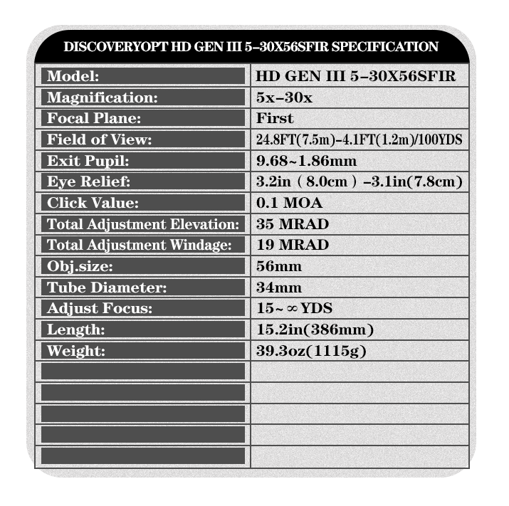 DISCOVERYOPT HD GEN III 5-30X56SFIR FFP-Z-MRAD/MOA Diameter:34MM Optics Scopes