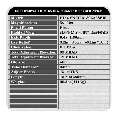 DISCOVERYOPT HD GEN III 5-30X56SFIR FFP-Z-MRAD/MOA Diameter:34MM Optics Scopes