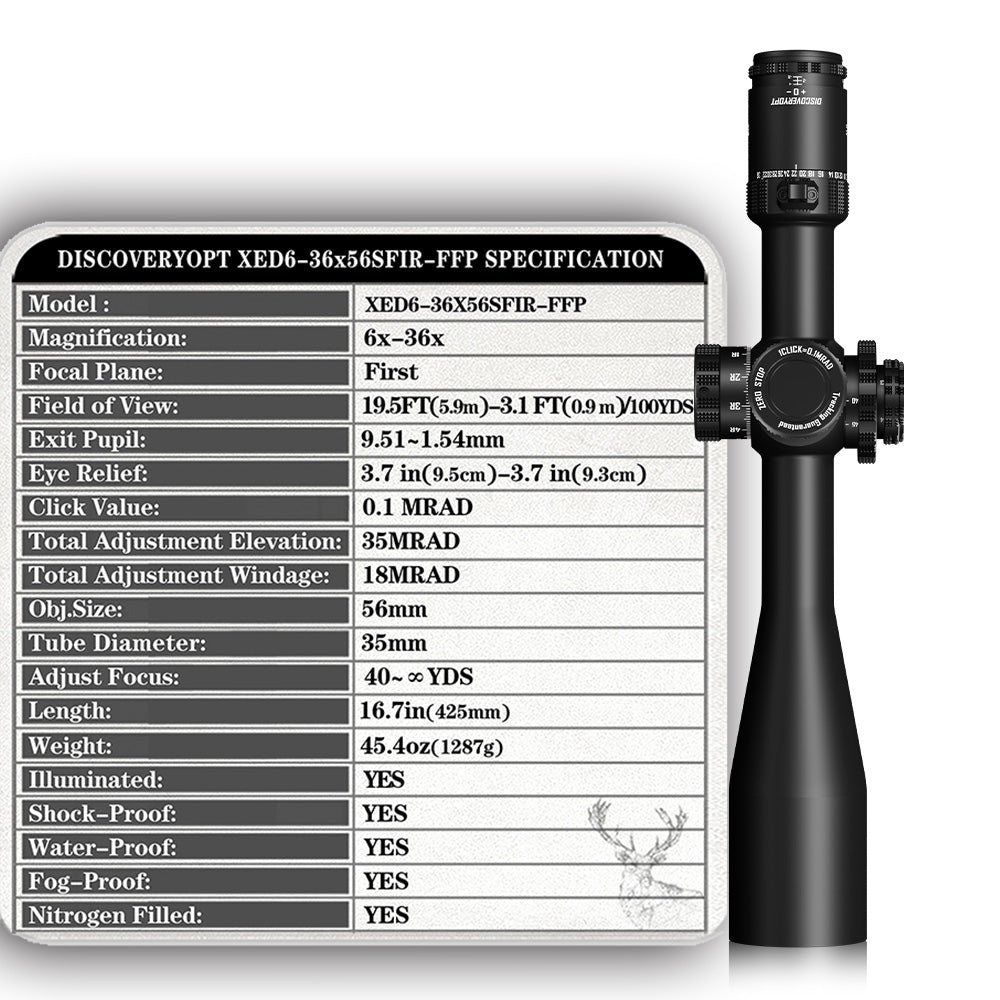 DISCOVERYOPT XED 6-36X56SFIR FFP-MRAD/MOA-ZERO STOP Diameter:35MM Optics Scopes