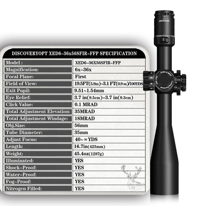 DISCOVERYOPT XED 6-36X56SFIR FFP-MRAD/MOA-ZERO STOP Diameter:35MM Optics Scopes