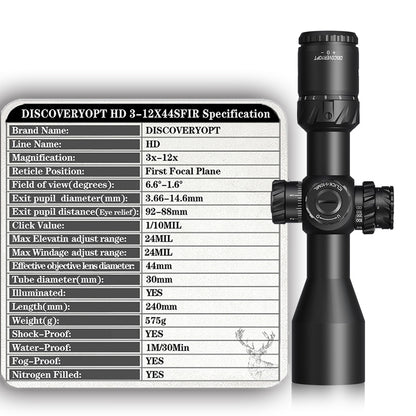 DISCOVERYOPT HD 2-12X24SFIR FFP-MIL Tube Diameter:30MM Short Optics Scope