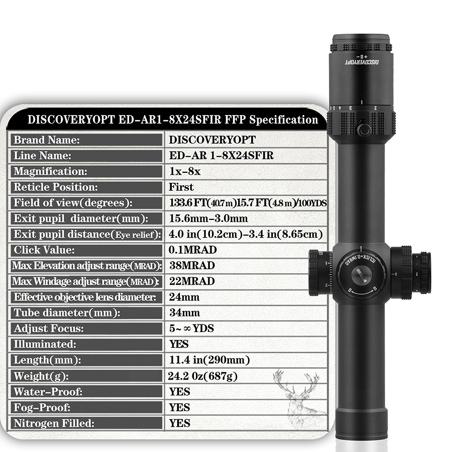 DISCOVERYOPT ED-AR 1-8X24SFIR FFP-MRAD LPVO Diameter:34MM Optics Scope