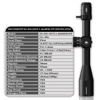 DISCOVERYOPT ED-ELR GEN III 5-40X56SFIR FFP-MRAD/MOA-Z Diameter:35MM Optics Scope