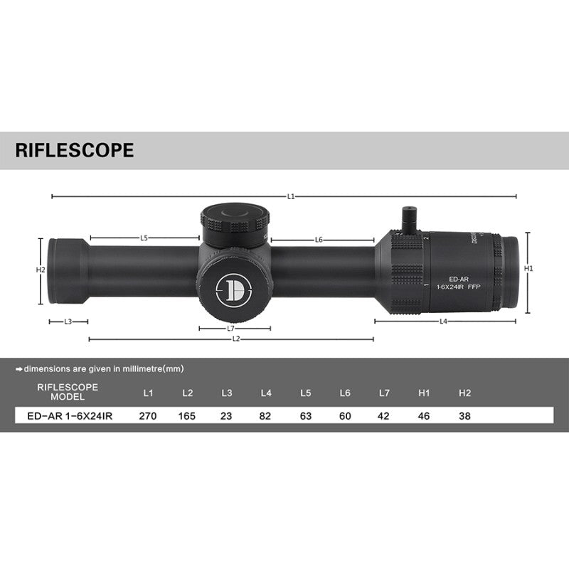 ED-AR 1-6X24IR FFP Optics Scope 0.1MLL Clicks Illuminated, Tube Diamet