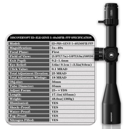 DISCOVERYOPT ED-ELR GEN III 5-40X56SFIR FFP-MRAD/MOA-Z Diameter:35MM Optics Scope