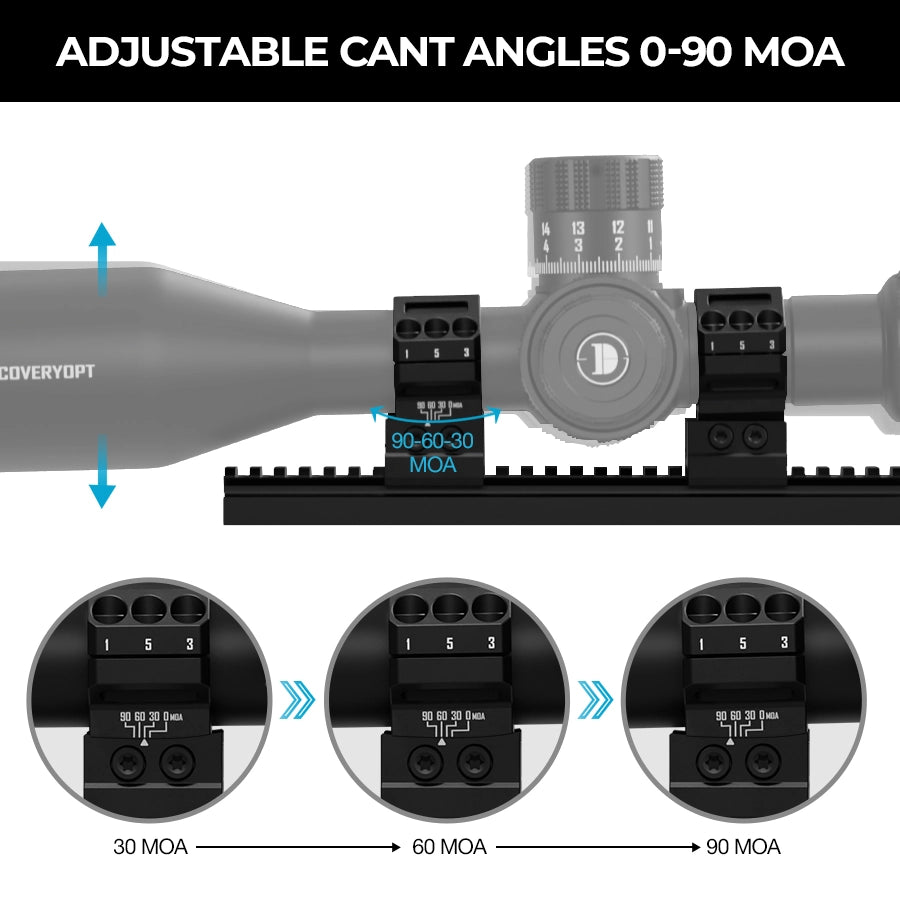 DISCOVERYOPT Heavy Duty Angle-Adjustable 30/60/90 MOA Scope Rings – Fits 30 or 34mm Tube | 1.35" Height | Picatinny Rail Compatible
